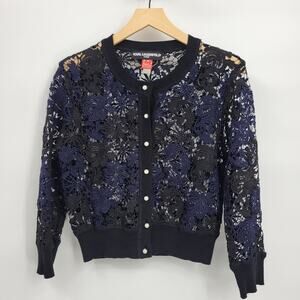 Karl Lagerfeld S Cardigan Floral Blue Navy Pearl Cropped Button Down